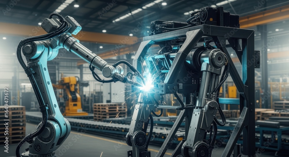 Poster robotic technician arm welding metal joints on a large industrial exoskeleton prototype frame in a f