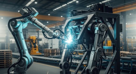 Robotic technician arm welding metal joints on a large industrial exoskeleton prototype frame in a factory environment emphasizing mechanized production.