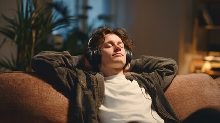 Obraz premium Medium shot of a person in relaxed posture on a cushioned sofa headphones removed expressing emotional and physical exhaustion during a postexertional malaise episode.