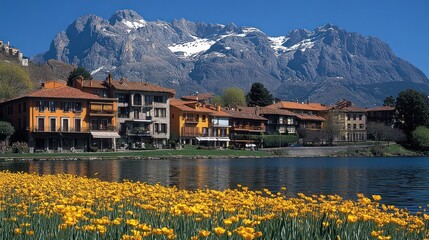 Fototapeta premium Vibrant Yellow Tulips Frame a Serene Lakeside Village Under Majestic Snow-Capped Alps.
