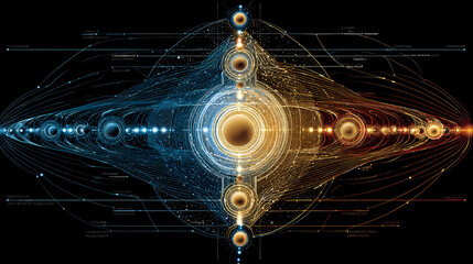 Celestial bodies linked by harmonic resonance lines, dancing in space with a fading phantom planet.