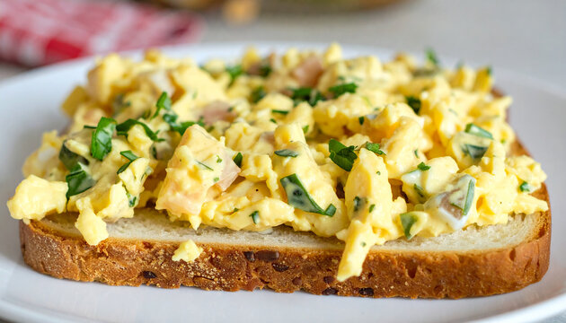 Egg Salad Sandwich, creamy egg salad with herbs on soft bread. Tasty food. Delicious snack.