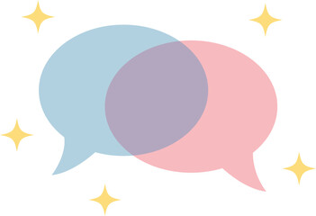 Abstract illustration of two overlapping speech bubbles in pastel colors with yellow stars.