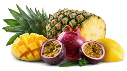 Multicolored composition with assortment of cutted fruits - pineapple, mango and passion fruit isolated on a white backgrond