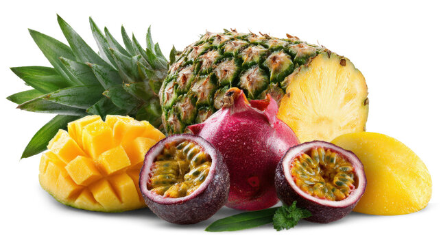 Multicolored composition with assortment of cutted fruits - pineapple, mango and passion fruit isolated on a white backgrond