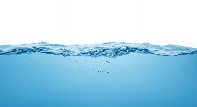 Clear water surface with multiple air bubbles and dynamic waves creating natural underwater effect on blue background