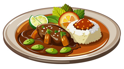 Rich and flavorful Mexican mole dish served elegantly on beige plate, accompanied by fluffy white rice and sauteed vegetables, garnished with sesame seeds and fresh herbs white  background 