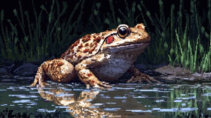 Obraz premium Pixelated Amphibian with Red Cheek Patch Resting in a Reflective Night Pond