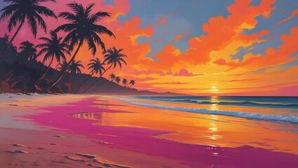 Tropical beach with palm trees and colorful sunset painting