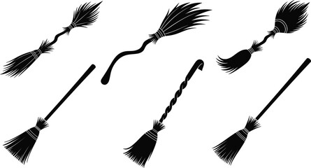 Unique broomstick collection, Halloween witch broom, fantasy broomstick design, magical broom illustration, spooky broom vector, witchcraft broom clipart, silhouette broom art