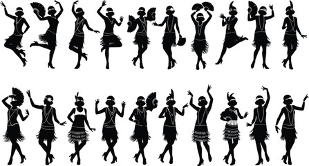 Vintage flapper dancers, 1920s fashion, Charleston dance, retro party, Great Gatsby style, art deco elegance, silhouette women, fringe dresses, headbands, feathers