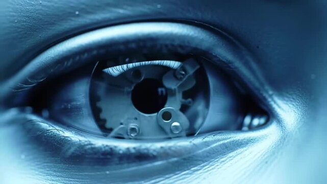 An extreme close-up captures the human eye, highlighting intricate details of the iris and surrounding skin, with a cool blue color palette enhancing the abstract aesthetic.