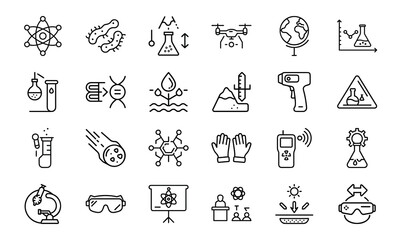 Set of 24 Science and Laboratory Line Icons Chemistry, Biology, Physics, Research, Safety, and Technology Symbols in Minimal Outline Style