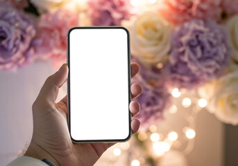A hand holding a smartphone with a blank screen against a background of colorful flowers with festive bokeh lights. This magical mockup is great for displaying event invitations or apps.