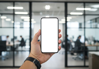 A hand holding a smartphone with a blank white screen against a blurred modern office background. This business mockup is suitable for displaying your corporate app or website.