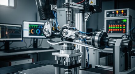 Hightech fatigue testing environment with a lower limb exoskeleton joint mounted on an automated loadbearing test stand for motion endurance evaluation.