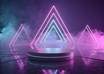 Futuristic neon triangle stage with smoke and reflections