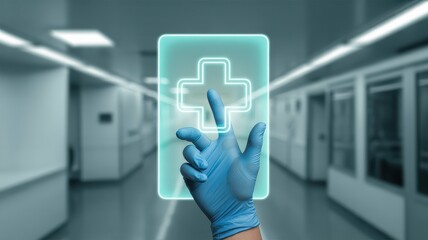 Healthcare Professional Selects Digital Medical Icon in Hospital Corridor Indicating Modern Health Technology Advancement and Patient Care Innovation