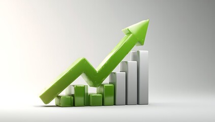 Green arrow graph showing upward trend with white bars on a light background chart