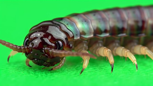 Intricate Centipede Macro Photography on Vivid Green Background
