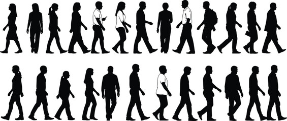 Silhouettes, people, walking, diverse, crowd, motion, urban, lifestyle, black, white, group, individuals, commute, city, street, travel, casual, professional, modern, background