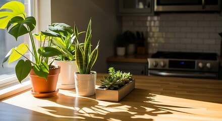Fototapeta premium Sunlit kitchen counter showcases vibrant houseplants bathing in warm natural light, creating a fresh, modern ambiance