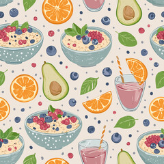 Hand-drawn flat illustration of healthy breakfast with oatmeal, berries, orange, avocado, spinach, and juice. Fresh, colorful, and perfect for nutrition, food, and lifestyle designs