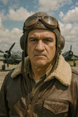 Obraz premium AI-generated image of a WWII soldier in an olive drab uniform grips a combat knife, standing in front of a military camp with tents, sandbags, and armored vehicles under a cloudy wartime sky.