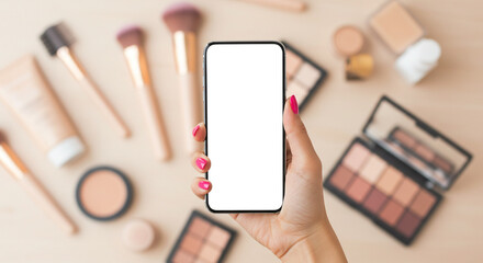 A hand holding a smartphone with a blank screen over a flat lay of makeup products and brushes. This beauty mockup is perfect for tutorial apps, cosmetics e-commerce, or vlogger content.