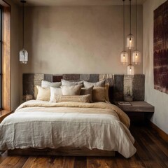 Beige linen bedding in a rustic bedroom with pendant lights.