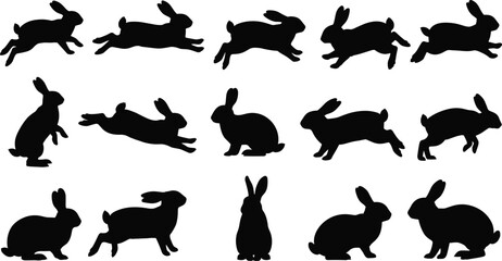 Silhouette, rabbits, jumping, sitting, running, black, vector, animal, bunny, wildlife, nature, Easter, pet, cute, design, pose, dynamic, static, illustration, graphic