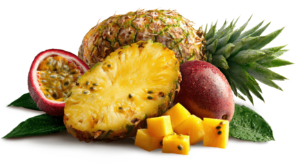 Multicolored composition with assortment of cutted fruits - pineapple, mango and passion fruit isolated on a white backgrond