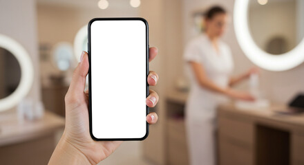 A hand holding a smartphone with a blank white screen in a bright, modern beauty salon or spa. This mockup is ideal for showcasing booking apps, portfolios, or beauty-related websites.