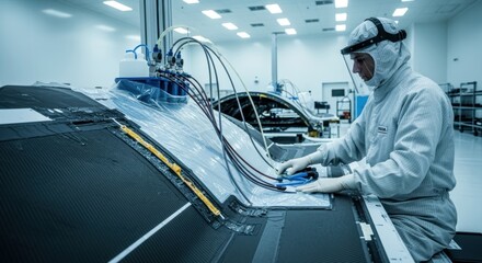 Composite layup operator using vacuum infusion system to consolidate satellitelaunch fairing panels under strict environmental controls.