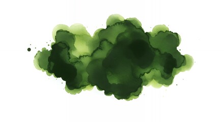 Deep forest green watercolor abstract cloud texture with organic flowing shapes lime gradient and paint splatters on white background