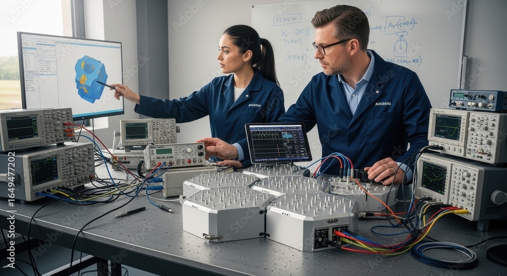 Poster electronic engineers conducting performance verification on a modular radar antenna array with detai