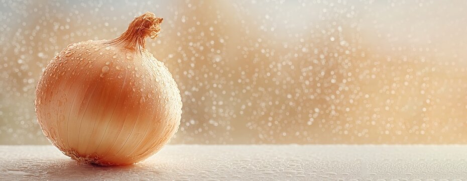 Golden whole onion with delicate translucent skin covered in fresh water droplets, placed on a light surface against a softly blurred warm background, creating a fresh and appetizing kitchen scene.