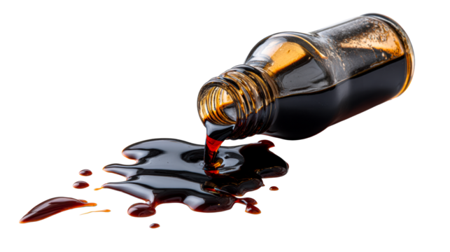 Dark liquid pouring from a glass bottle onto a white surface, cut out transparent