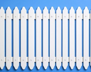 A pristine white picket fence stands tall against a vibrant blue backdrop, offering a neat, symmetrical pattern with clean lines and a simple, elegant aesthetic