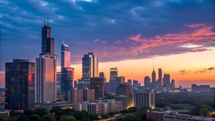 Fototapeta premium pink-and-gold-cityscape-at-dawn-