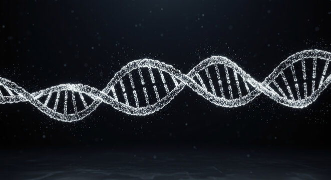 Digital rendering of dna double helix structure model. Suitable for science and medical concepts, educational materials, and genetic research presentations.