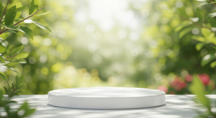 A white product podium in an outdoor setting with a soft-focus background of lush green leaves. This minimalist natural scene is suitable for showcasing a variety of cosmetic or eco products.