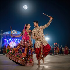 Naklejka premium Young couple playing Garba under a moonlit Navratri sky