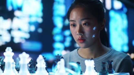 A focused individual, illuminated by cool blue light, contemplates a complex arrangement of objects, possibly strategizing or analyzing a challenging situation with intense concentration.