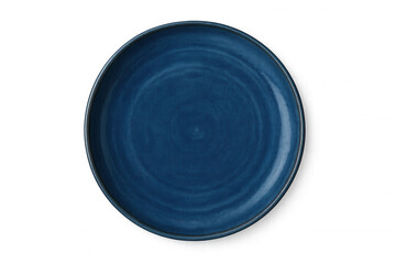 Round blue ceramic plate isolated on transparent background, perfect for showcasing culinary creations