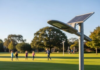 Children playing in a park with modern solar-powered street lights, blending renewable energy and safe community spaces