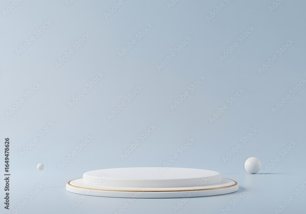 Poster minimalist 3d render of a white product display podium with golden accents and floating spheres in a