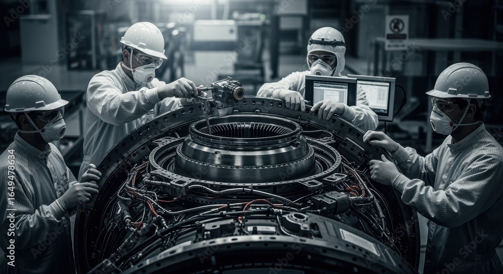 Poster highcontrast image of the hot section being installed on a large turbofan engine frame amid extensiv