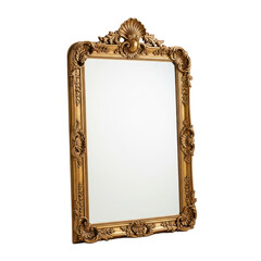 An elegant antique gold mirror with an ornate rococo style frame isolated on a pure white background