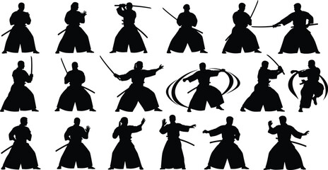 Martial arts silhouette, sword fighting poses, traditional Japanese clothing, dynamic movement, warrior stances, combat illustration, black figures, design elements